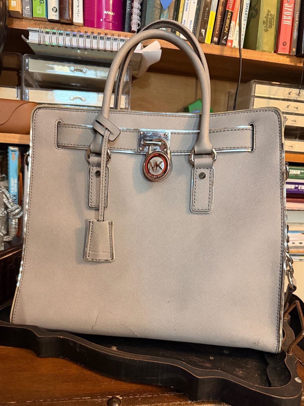 Michael Kors Light Gray Saffiano Leather Tote with Silver Trim